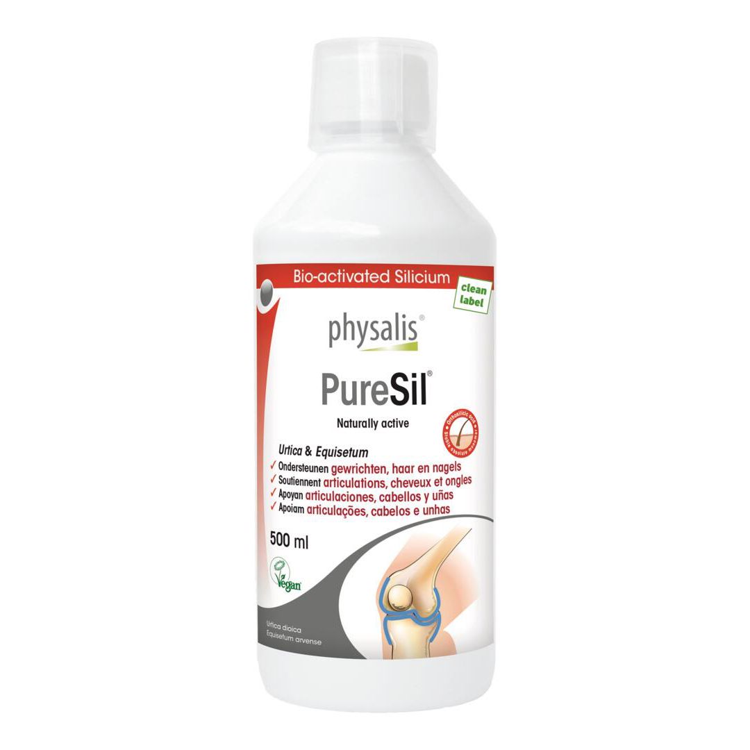 Flacon blanc avec étiquette rouge. Inscription : physalis PureSil, Bio-activated Silicium. Illustration d'une articulation. 500 ml.