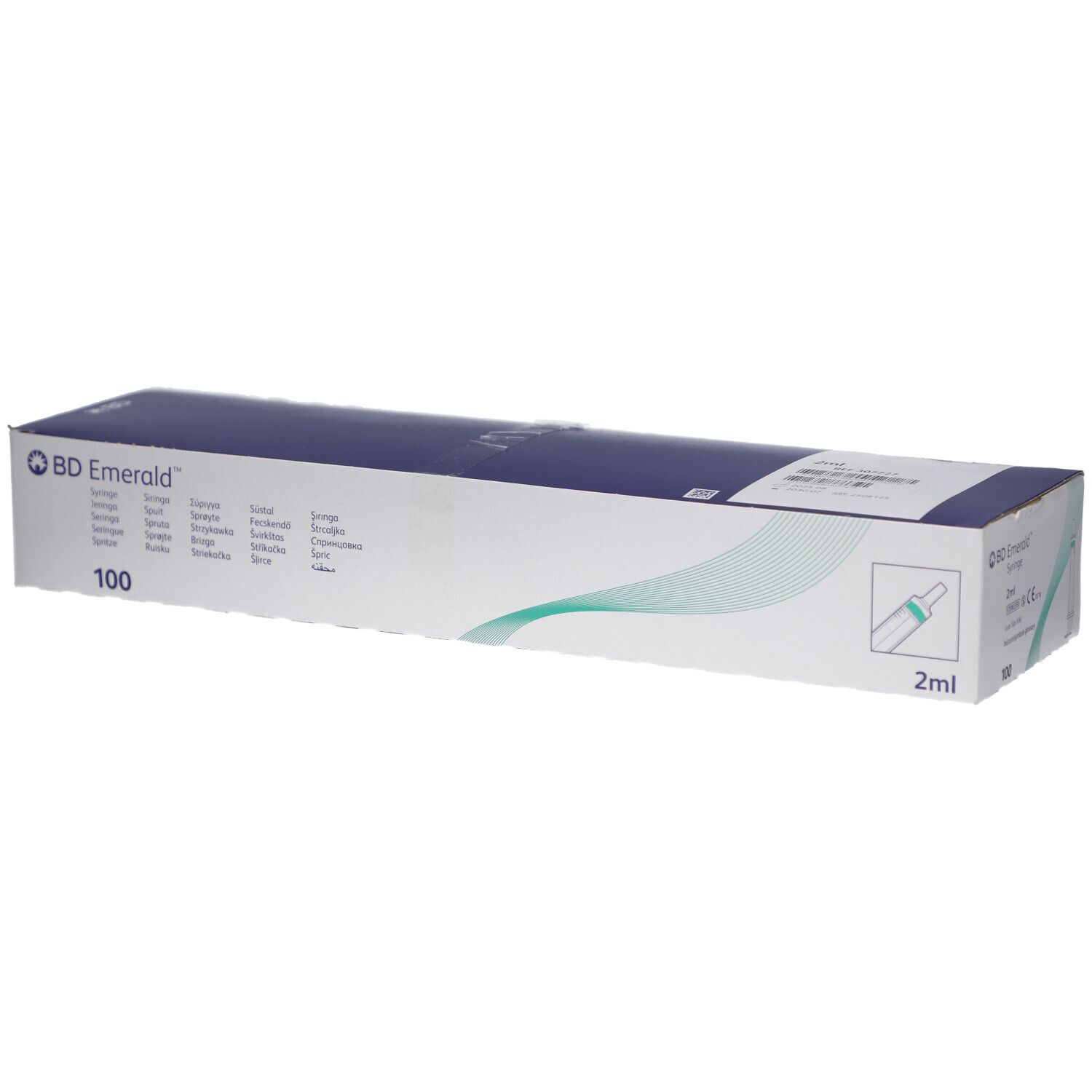 Kartonverpackung, weiß-blau, mit Produktlogo und -details. Enthält 100 Spritzen. 2 ml-Kennzeichnung.
