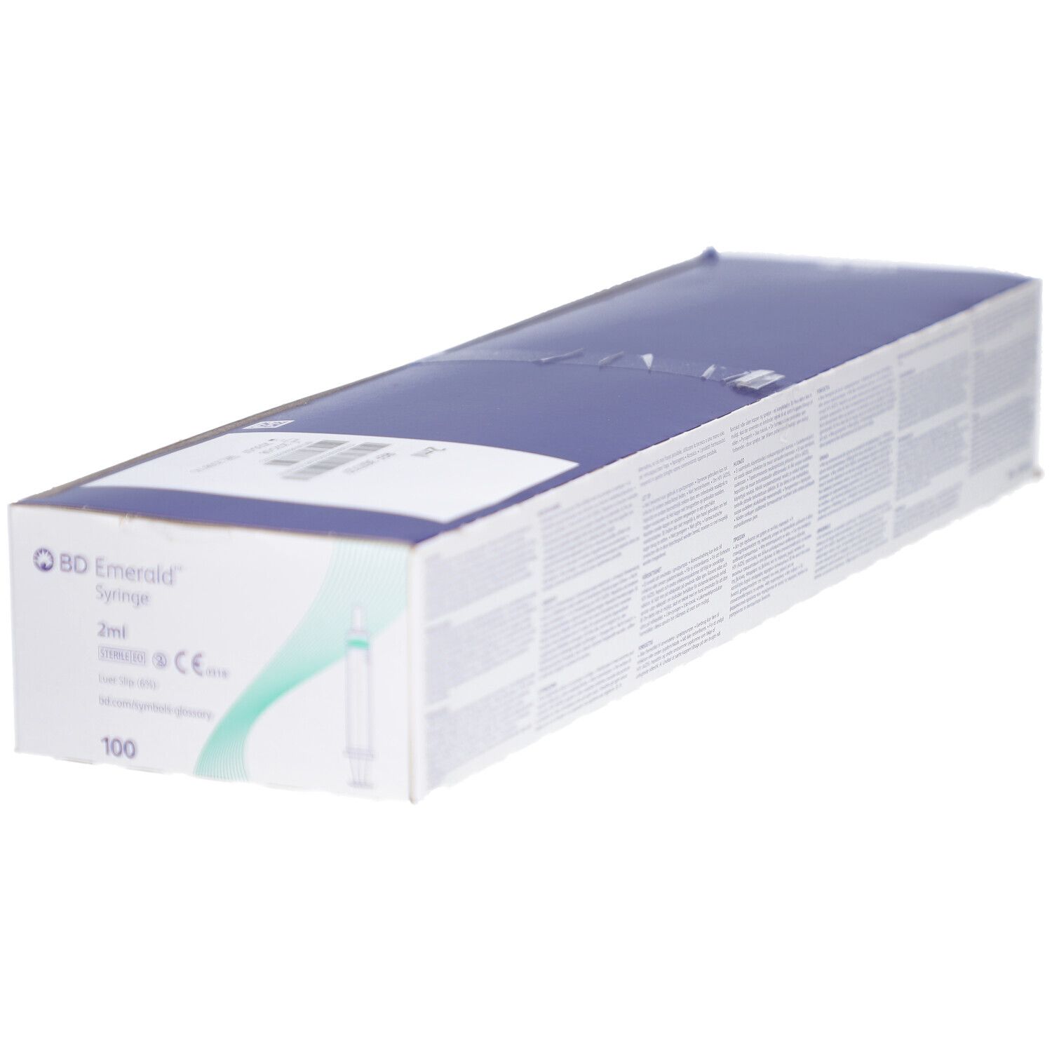 Kartonverpackung, weiß-blau, mit Produktlogo und -details. Enthält 100 Spritzen. 2 ml-Kennzeichnung.