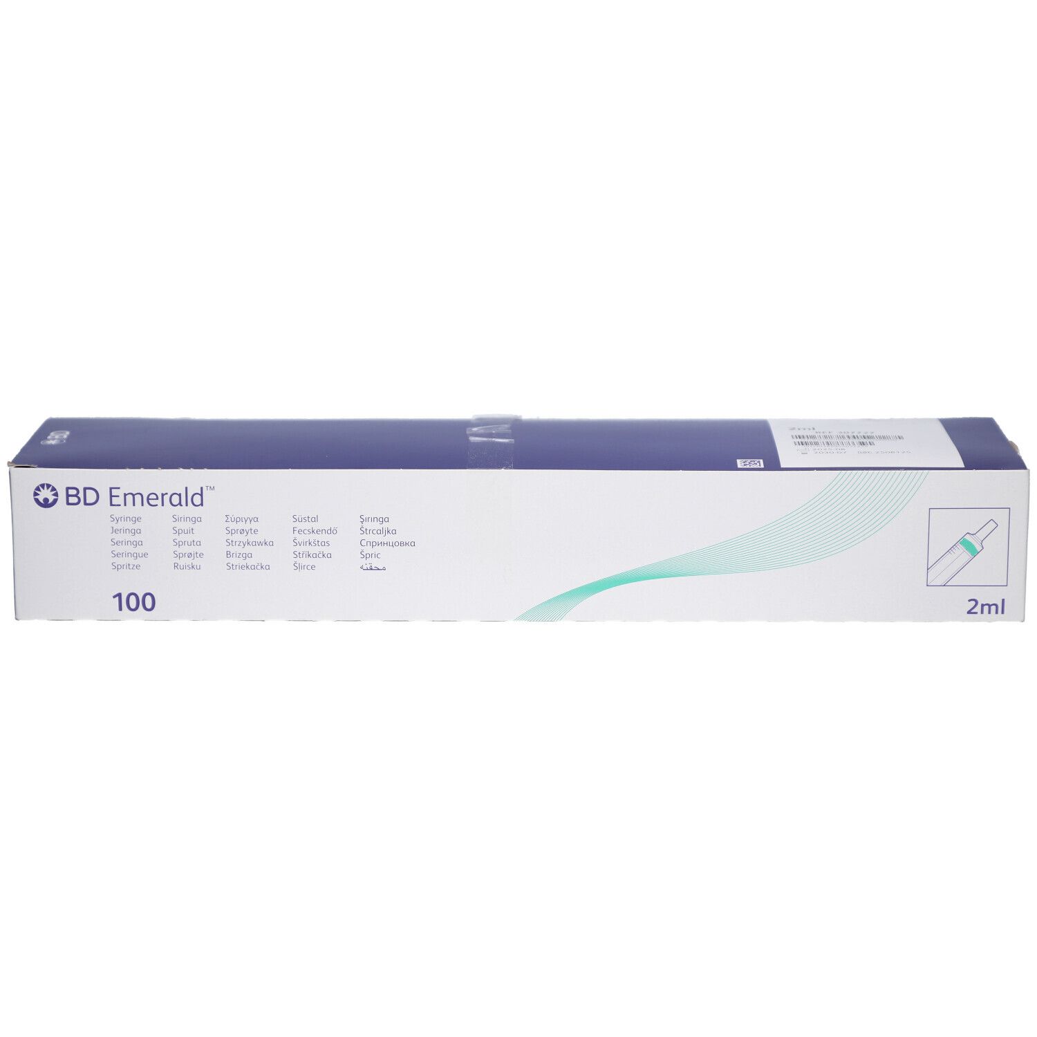 Kartonverpackung, weiß-blau, mit Produktlogo und -details. Enthält 100 Spritzen. 2 ml-Kennzeichnung.