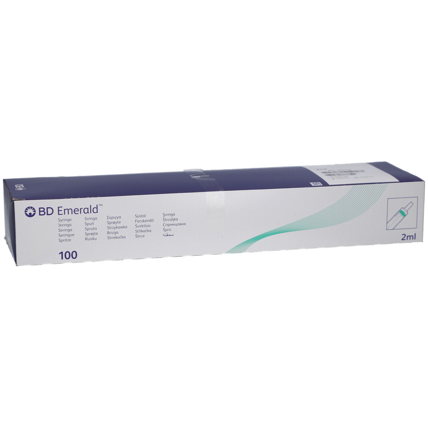 Kartonverpackung, weiß-blau, mit Produktlogo und -details. Enthält 100 Spritzen. 2 ml-Kennzeichnung.