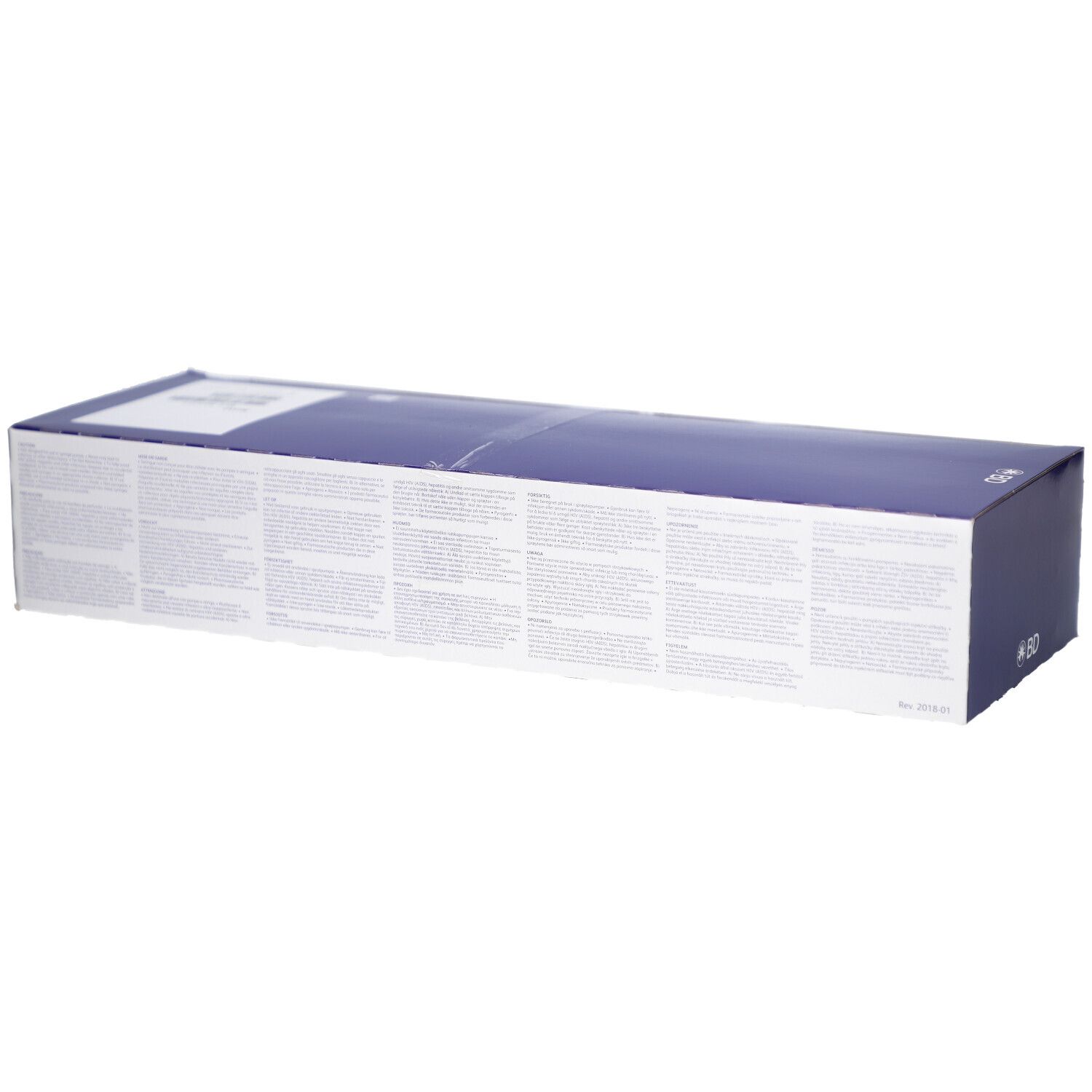 Karton mit Text. Blau-weiße Verpackung.