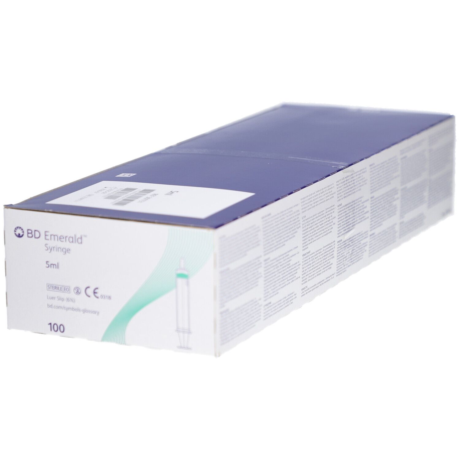 Karton mit BD Emerald Spritzen. Aufschrift: 5 ml, 100. Blau-weiße Verpackung.