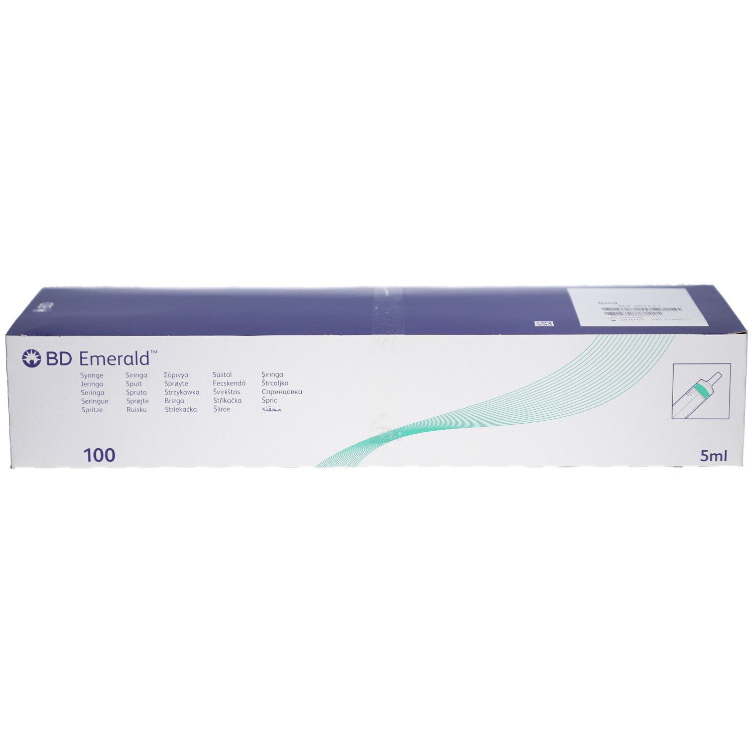 Karton mit BD Emerald Spritzen. Aufschrift: 5 ml, 100. Blau-weiße Verpackung.