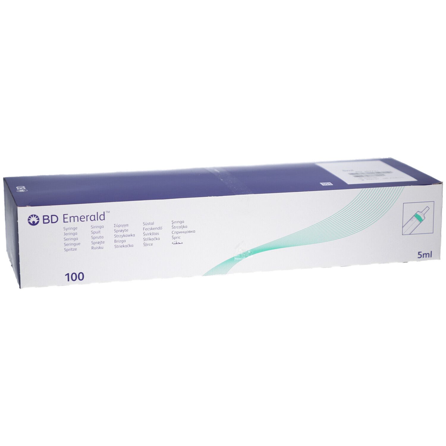 Karton mit BD Emerald Spritzen. Aufschrift: 5 ml, 100. Blau-weiße Verpackung.