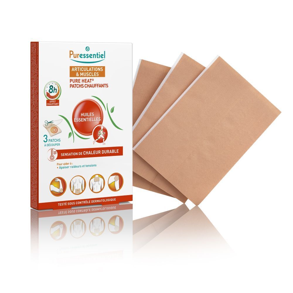Boîte de 3 patchs chauffants Puressentiel et 3 patchs individuels à côté.