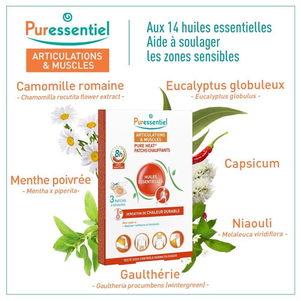 Boîte de patchs chauffants Puressentiel avec éléments botaniques et texte.