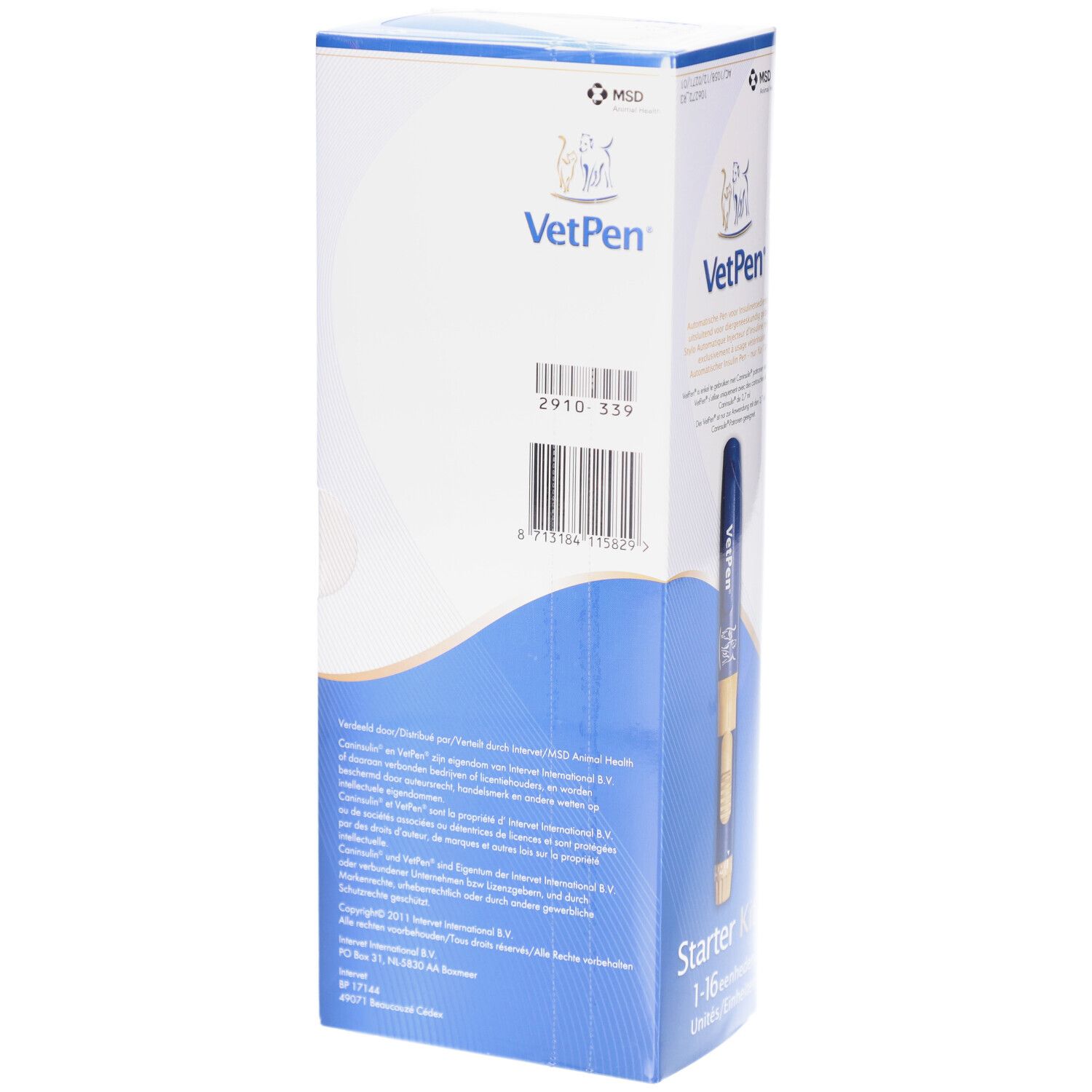 Rückseite der Verpackung. Barcode und Text. Blaue Wellenform. Der Injektionsstift ist teilweise sichtbar.