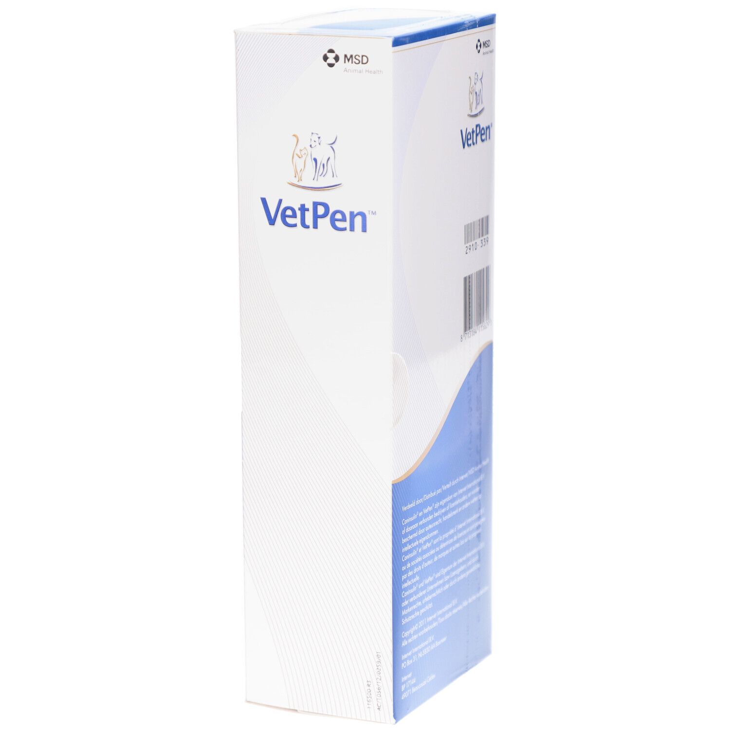 Seitenansicht der Verpackung. Weiß mit blauem Wellendesign. Logo und Text: VetPen.