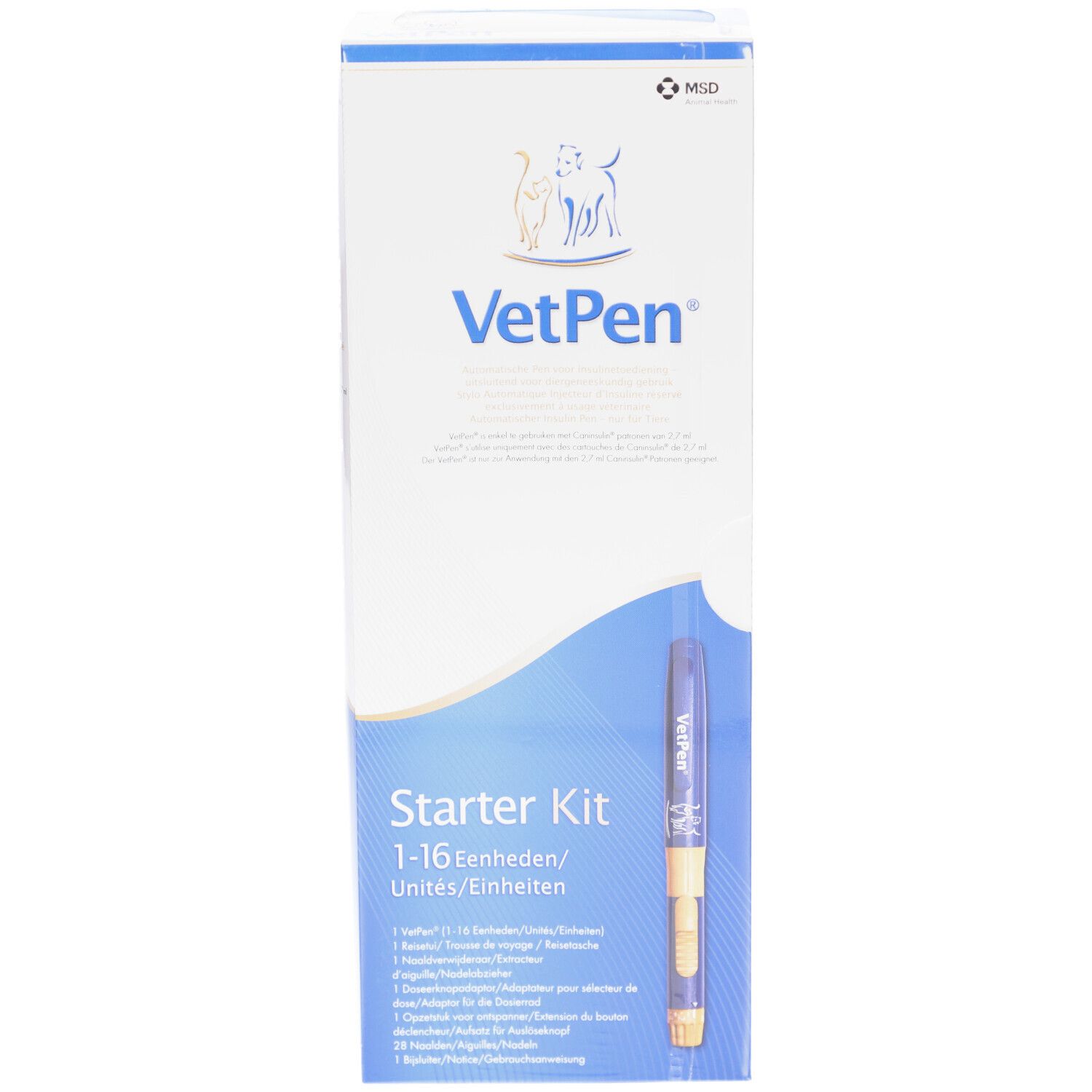 Vorderseite der Verpackung. Logo und Text: VetPen. Starter Kit 1-16 Einheiten. Injektionsstift teilweise sichtbar.