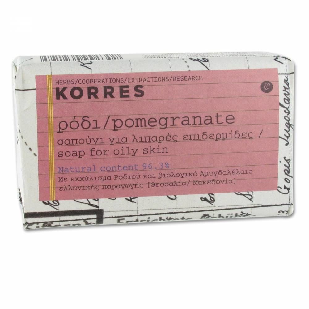 Seife mit rosa Etikett. Aufschrift: KORRES, Granatapfel, für fettige Haut. Natürlicher Inhalt 96,3%.