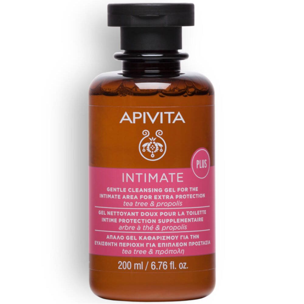 Braune Flasche mit schwarzem Deckel. Rosa Etikett mit Text: Intimate, 200 ml. Marke: APIVITA.