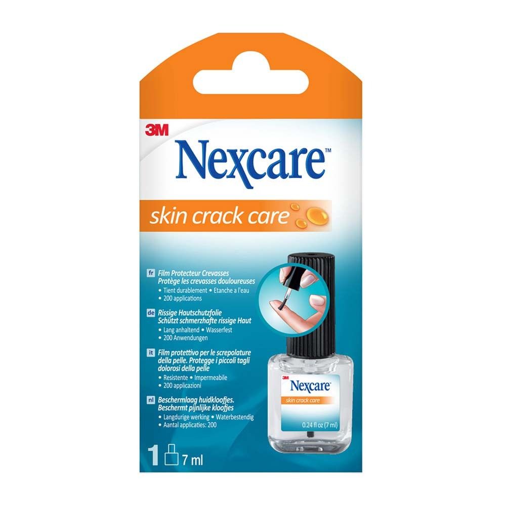 Verpackung von Nexcare Skin Crack Care. Flasche mit Applikator. Orange-weiße Verpackung mit Produktlogo und Text.
