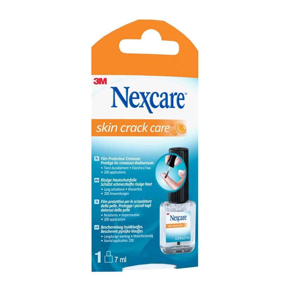 Verpackung von Nexcare Skin Crack Care. Flasche mit Applikator. Orange-weiße Verpackung mit Produktlogo und Text.