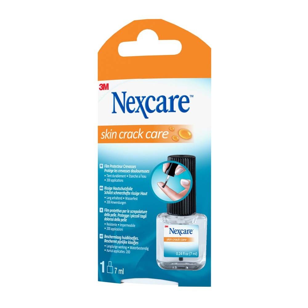 Verpackung von Nexcare Skin Crack Care. Flasche mit Applikator. Orange-weiße Verpackung mit Produktlogo und Text.