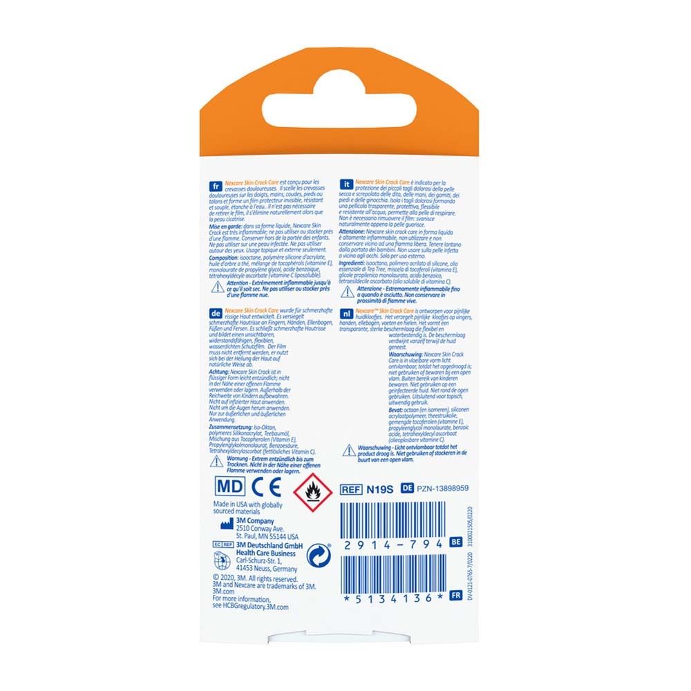 Verpackung von Nexcare Skin Crack Care. Flasche mit Applikator. Orange-weiße Verpackung mit Produktlogo und Text.
