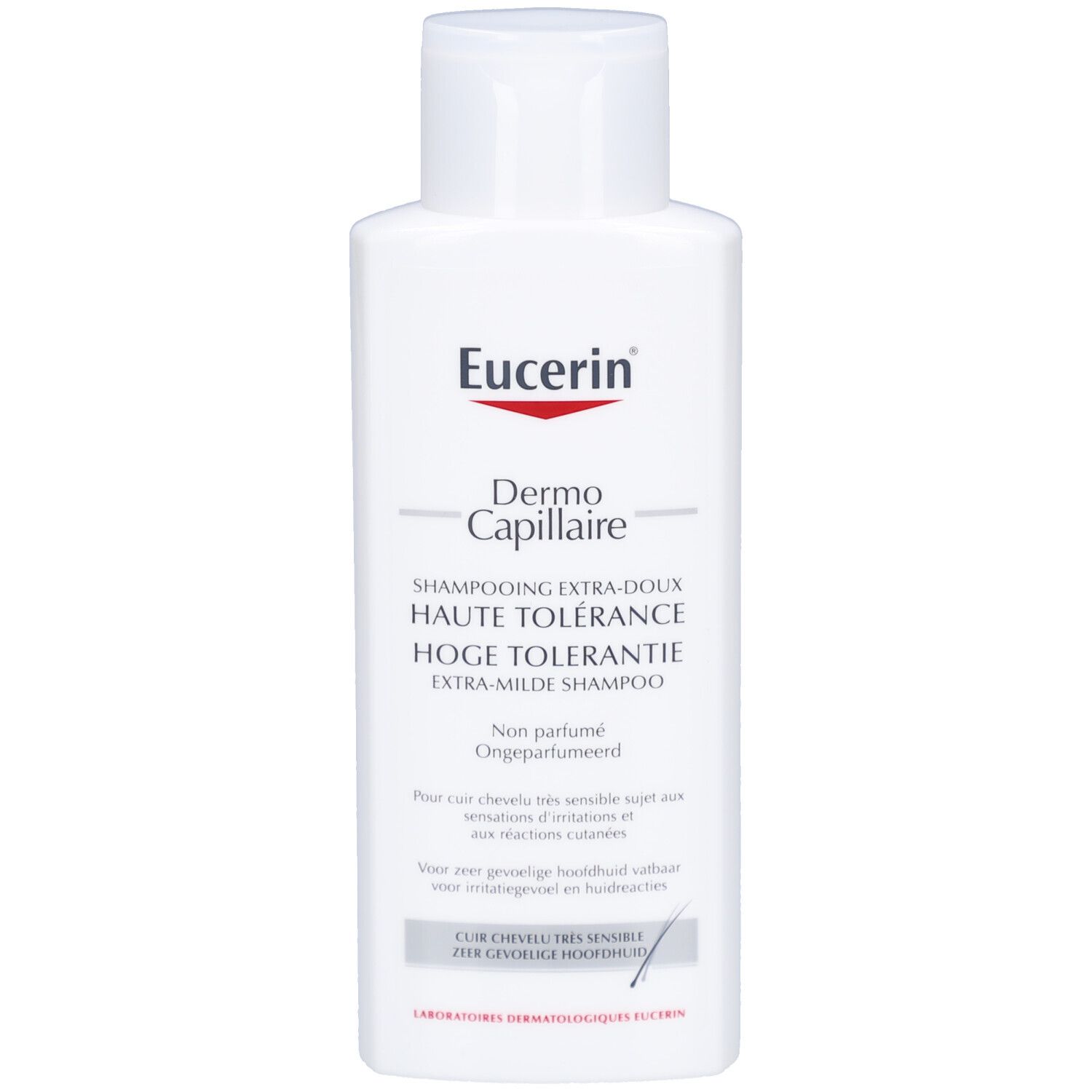 Weiße Flasche mit Eucerin DermoCapillaire Shampoo. Text: Extra-mild, hohe Toleranz. Für empfindliche Kopfhaut.
