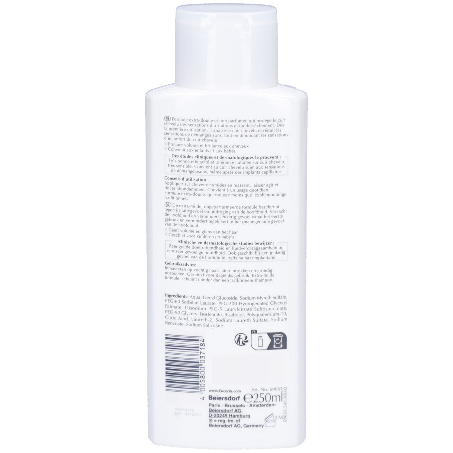 Rückseite der Eucerin DermoCapillaire Shampoo Flasche. Text und Inhaltsstoffe. 250ml. Herstellerinformationen.