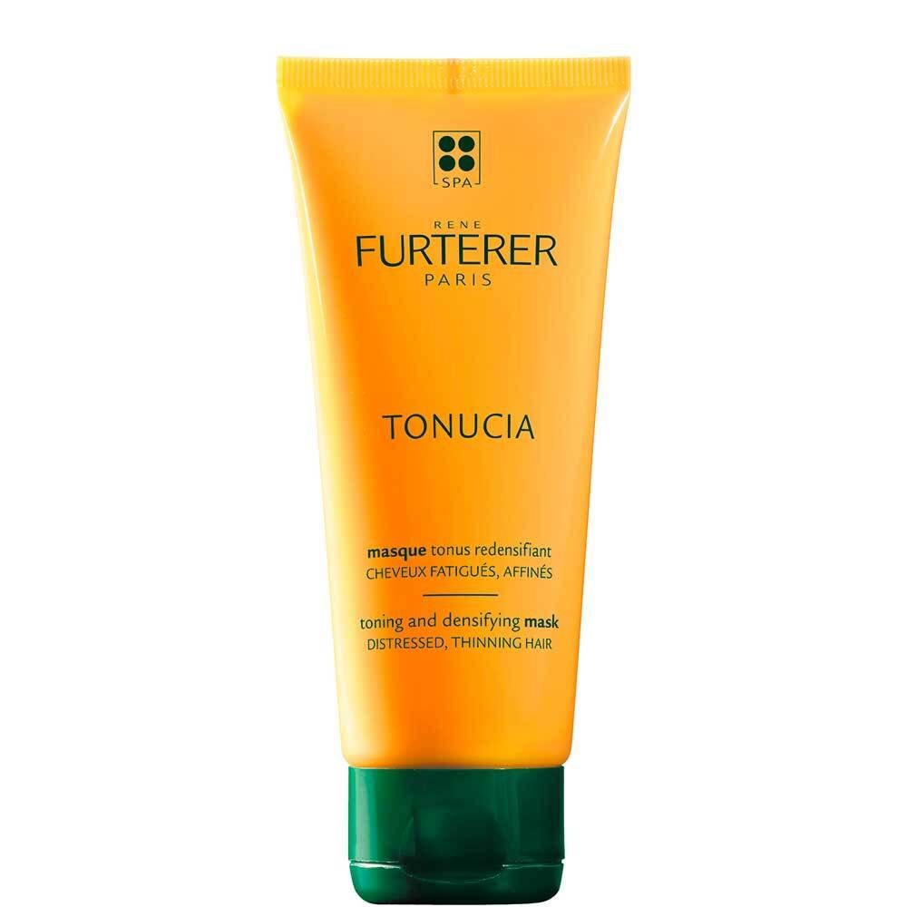 Gelbe Tube mit grünem Verschluss. Aufschrift: RENE FURTERER, TONUCIA. Maske für strapaziertes, dünner werdendes Haar.