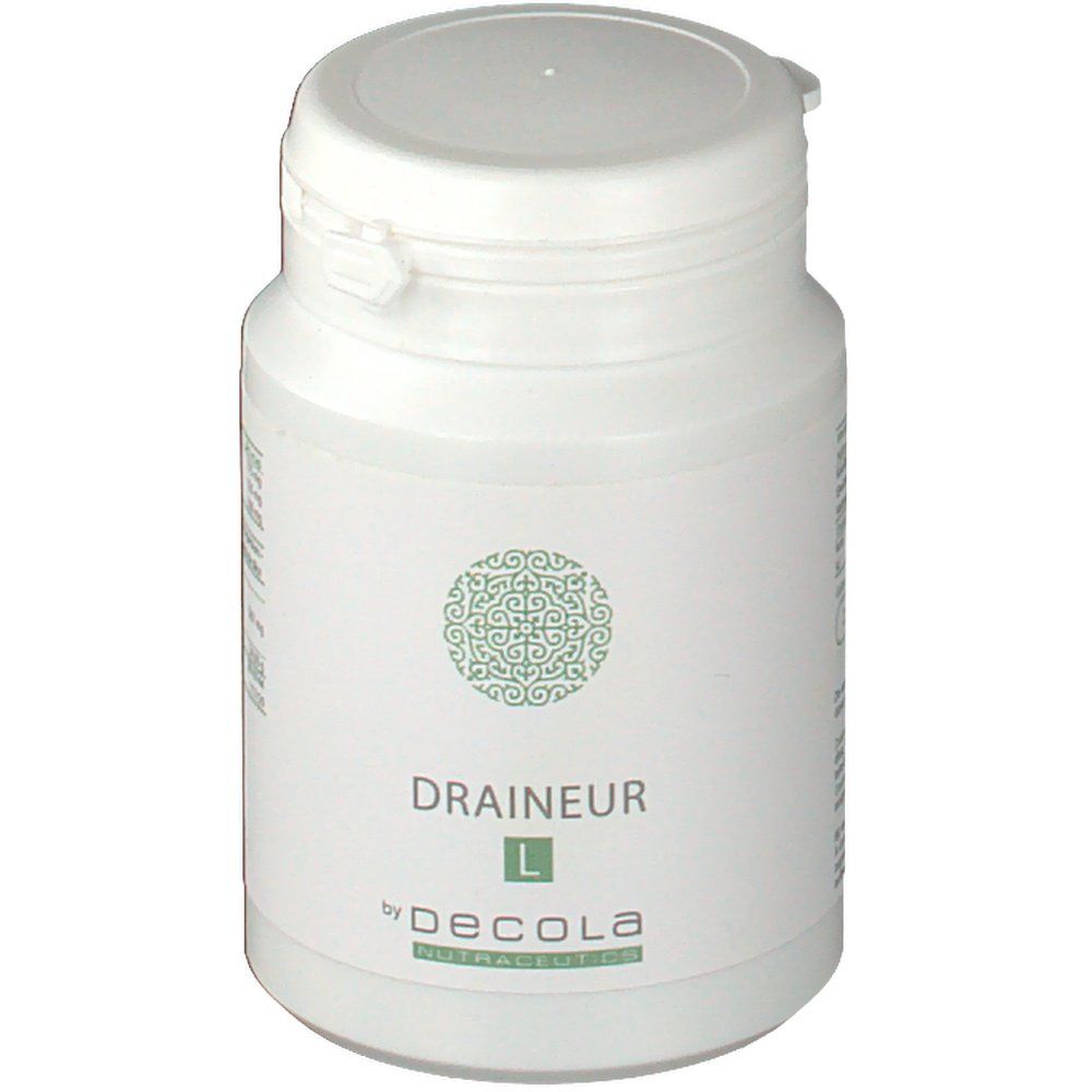 Weiße Dose mit Deckel. Aufschrift: Draineur L by Decola. Grünes Logo.