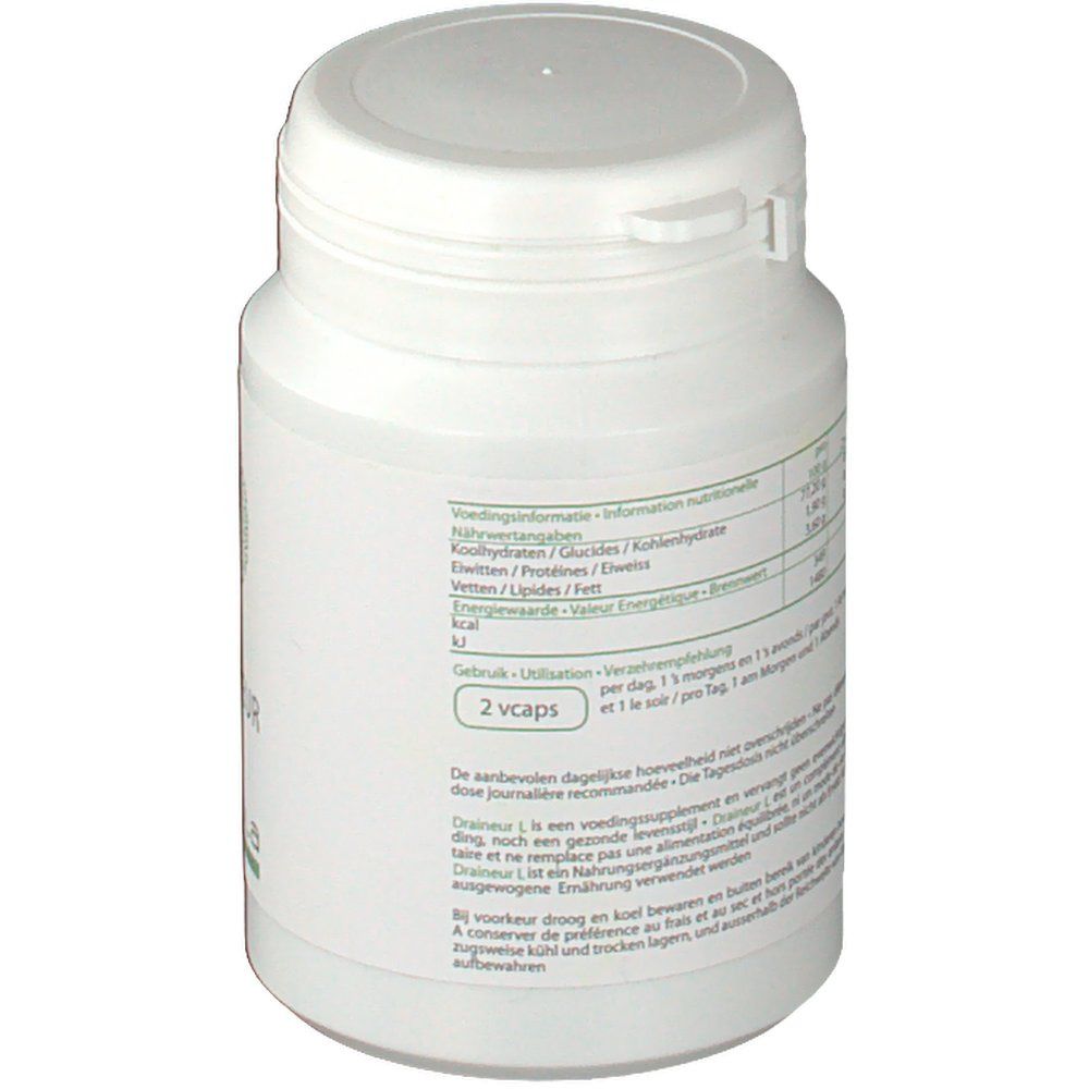 Weiße Dose mit Deckel. Rückseite mit Nährwertinformationen und Dosierung.