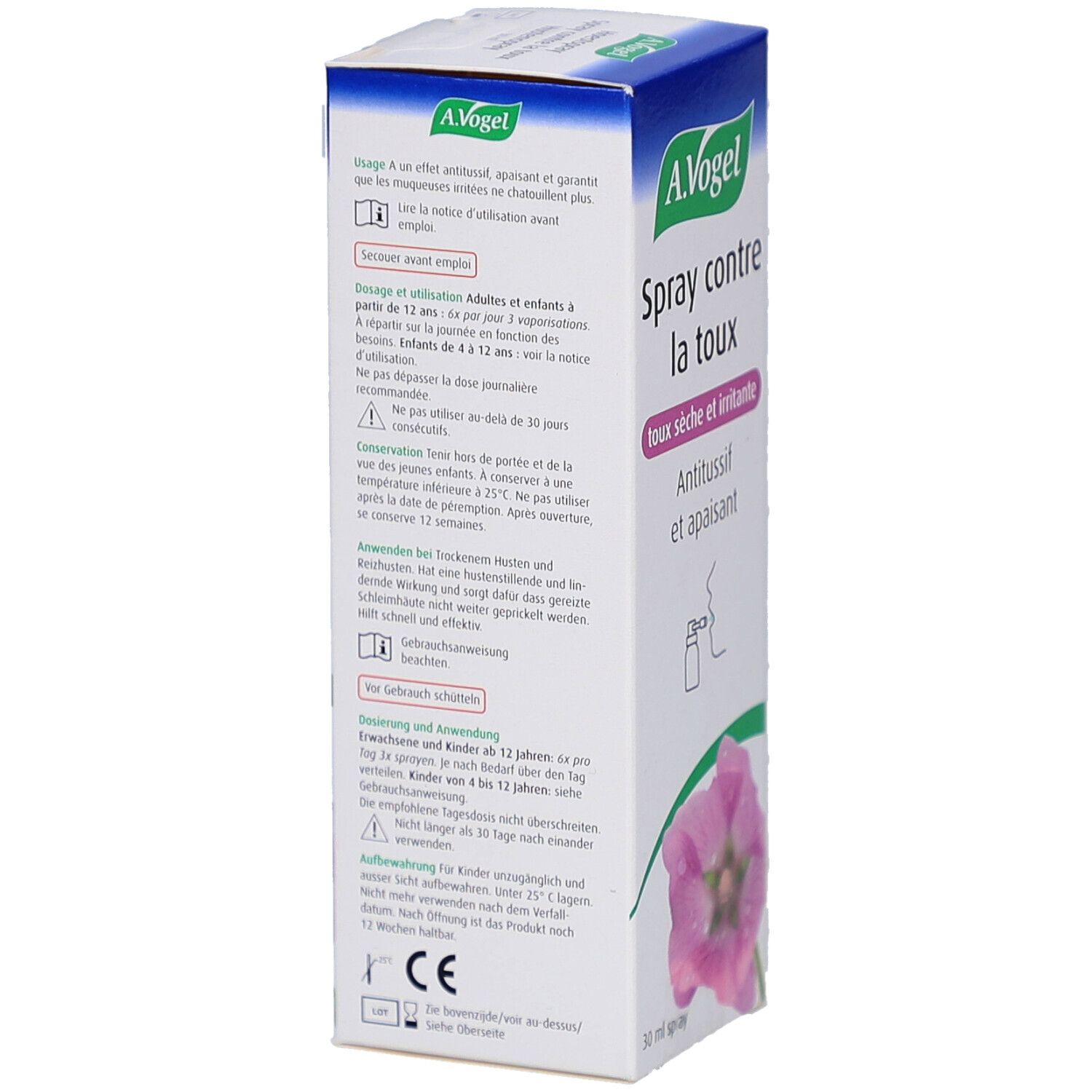 Rückseite der A.Vogel Spray-Verpackung. Text in Französisch. Enthält Informationen zur Anwendung und Inhaltsstoffe.