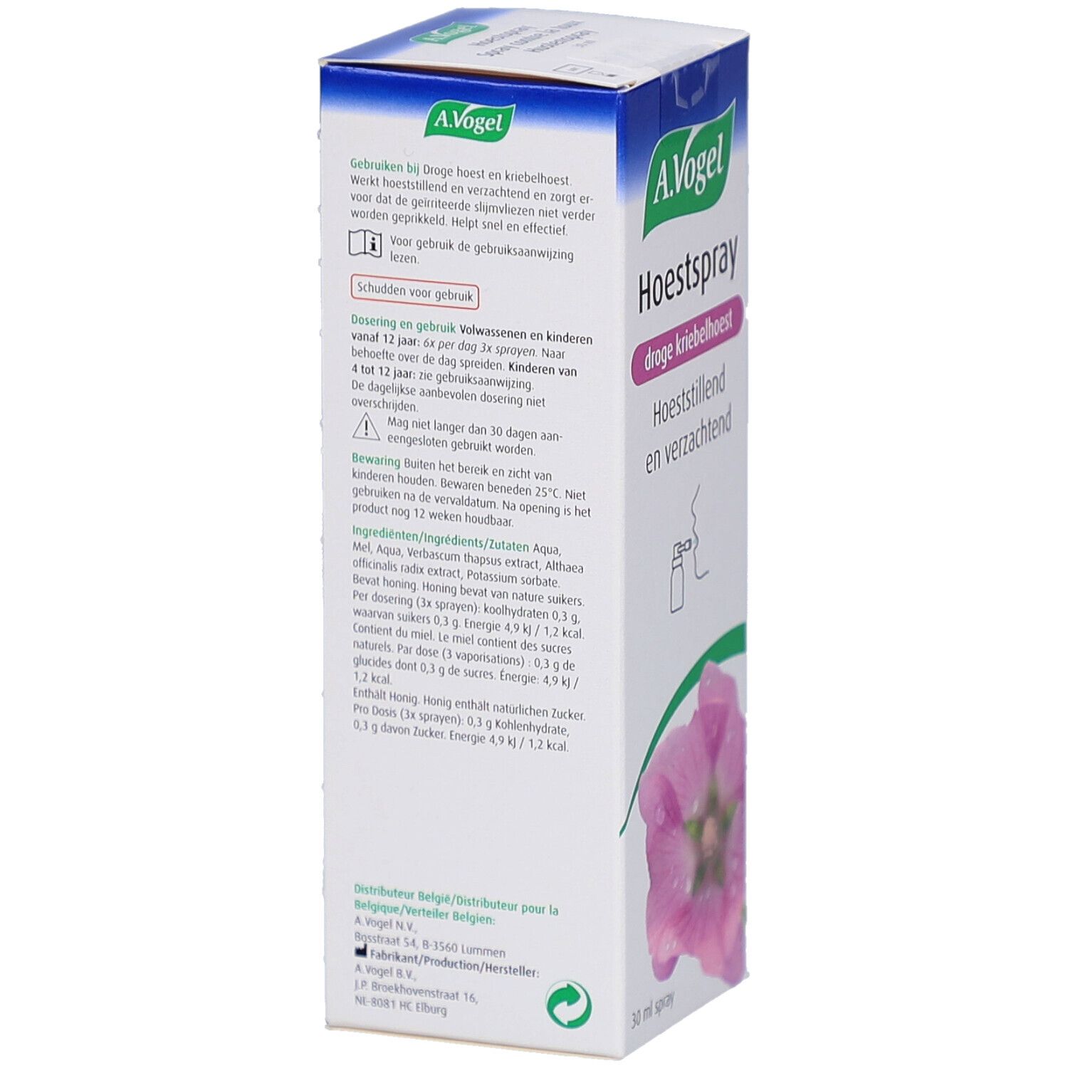 Rückseite der A.Vogel Hustenspray-Verpackung. Text in Niederländisch. Informationen zur Anwendung und Inhaltsstoffe.