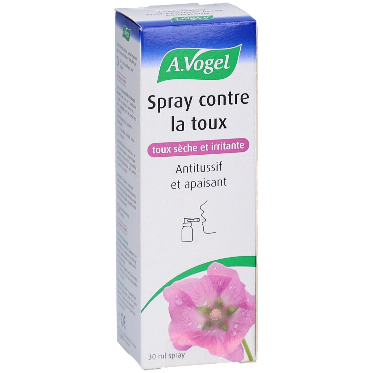A.Vogel Spray gegen Reizhusten. Weiße Schachtel mit Produktnamen und Illustration einer Blüte. Text in Französisch.