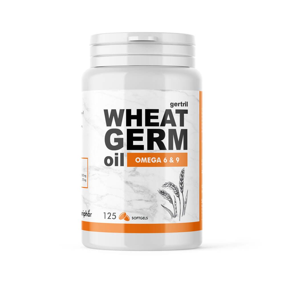 Flacon blanc de gélules d'huile de germe de blé avec inscription orange. Inscription : Wheat Germ Oil, Omega 6 & 9, 125 Softgels.