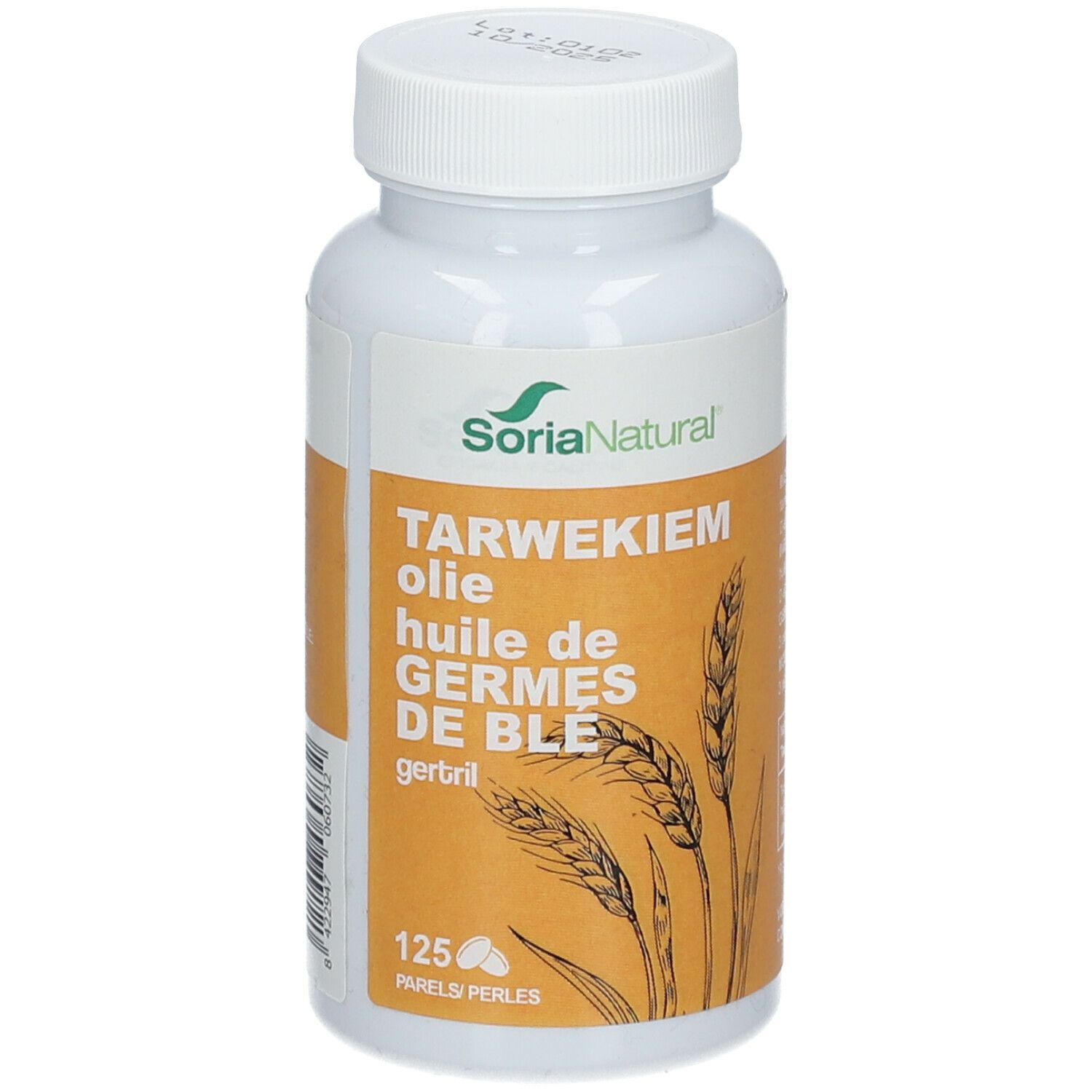 Weizenkeimöl-Kapseln in weißer Flasche mit Schraubverschluss. Aufschrift: SoriaNatural, Tarwekiem olie, huile de germes de blé, gertril.