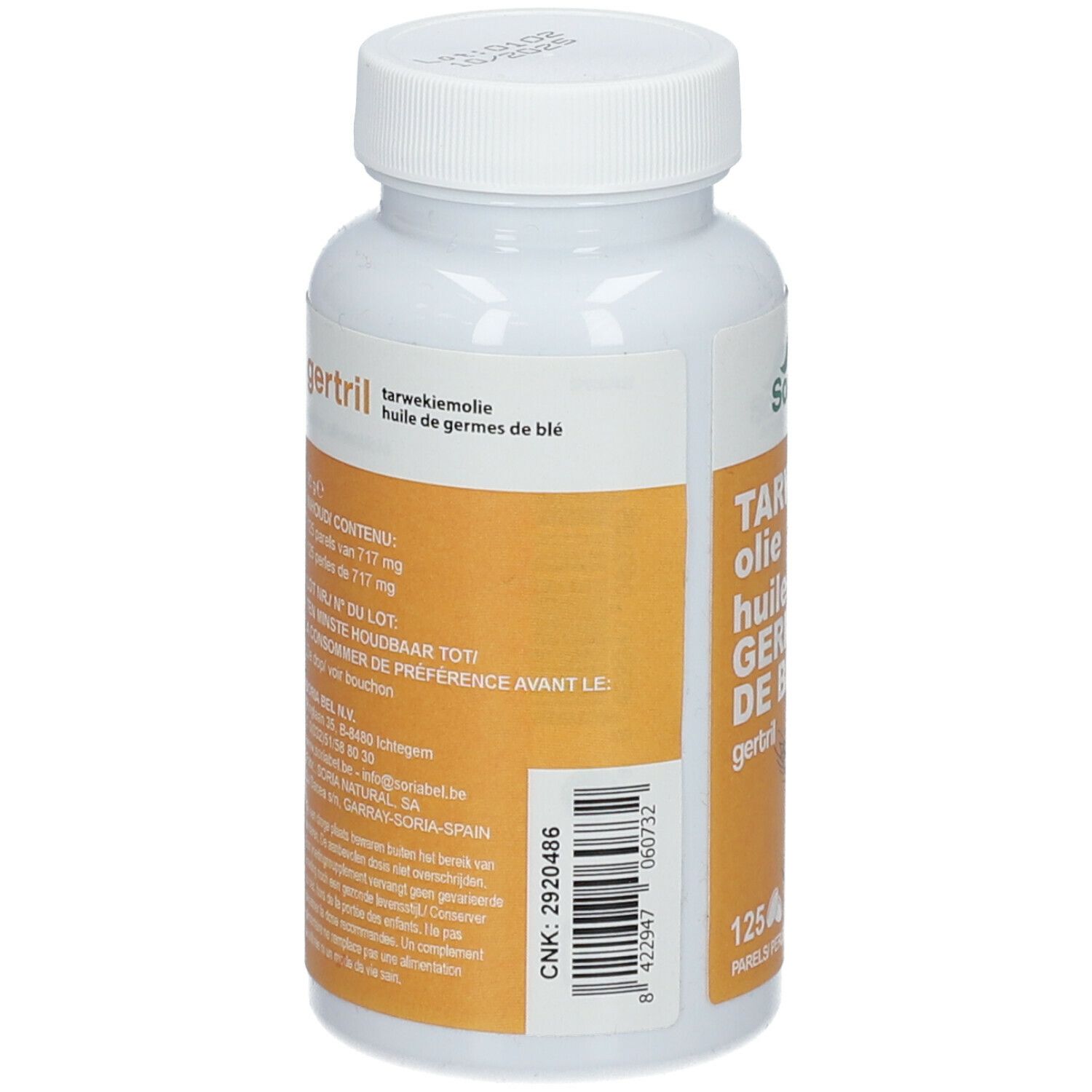 Rückseite der weißen Flasche mit Weizenkeimöl-Kapseln. Aufschrift: gertril, Tarwekiemolie, huile de germes de blé. Etikett mit Inhaltsangaben.