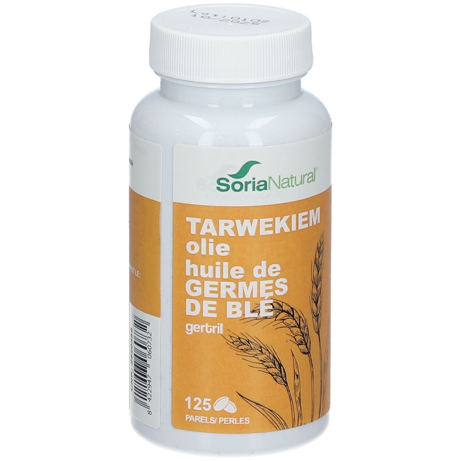 Weiße Flasche mit Weizenkeimöl-Kapseln. Aufschrift: SoriaNatural, Tarwekiem olie, huile de germes de blé, gertril. 125 parels.