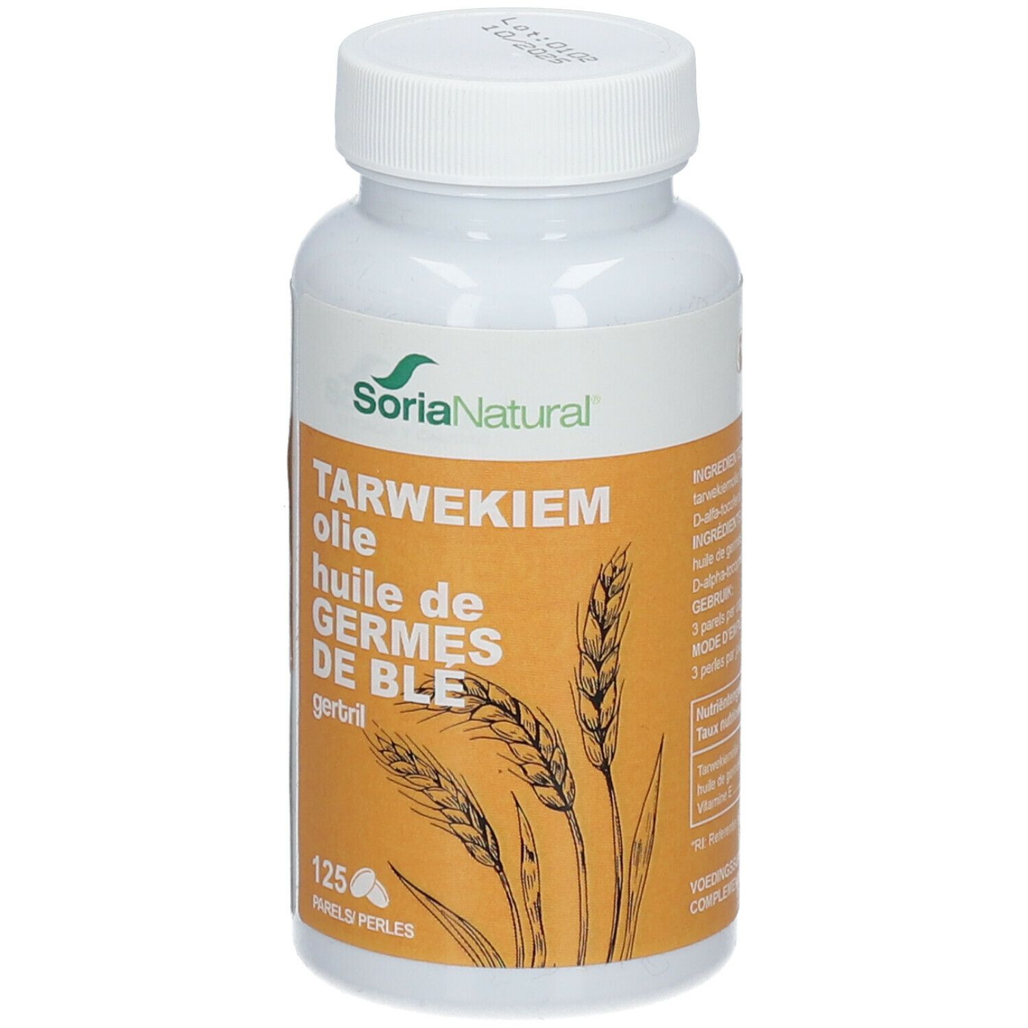 Weiße Flasche mit Weizenkeimöl-Kapseln. Aufschrift: SoriaNatural, Tarwekiem olie, huile de germes de blé, gertril. 125 parels.