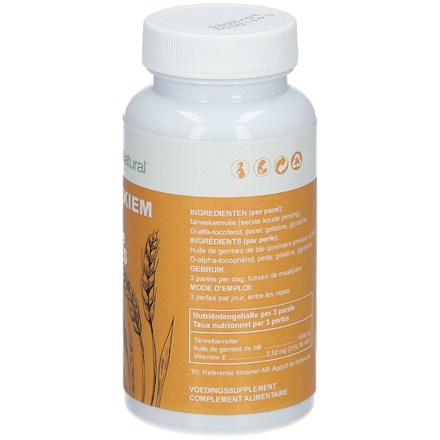 Nahaufnahme der weißen Flasche mit Weizenkeimöl-Kapseln. Aufschrift: gertril, Inhaltsangaben, 125 parels. Etikett mit Informationen.