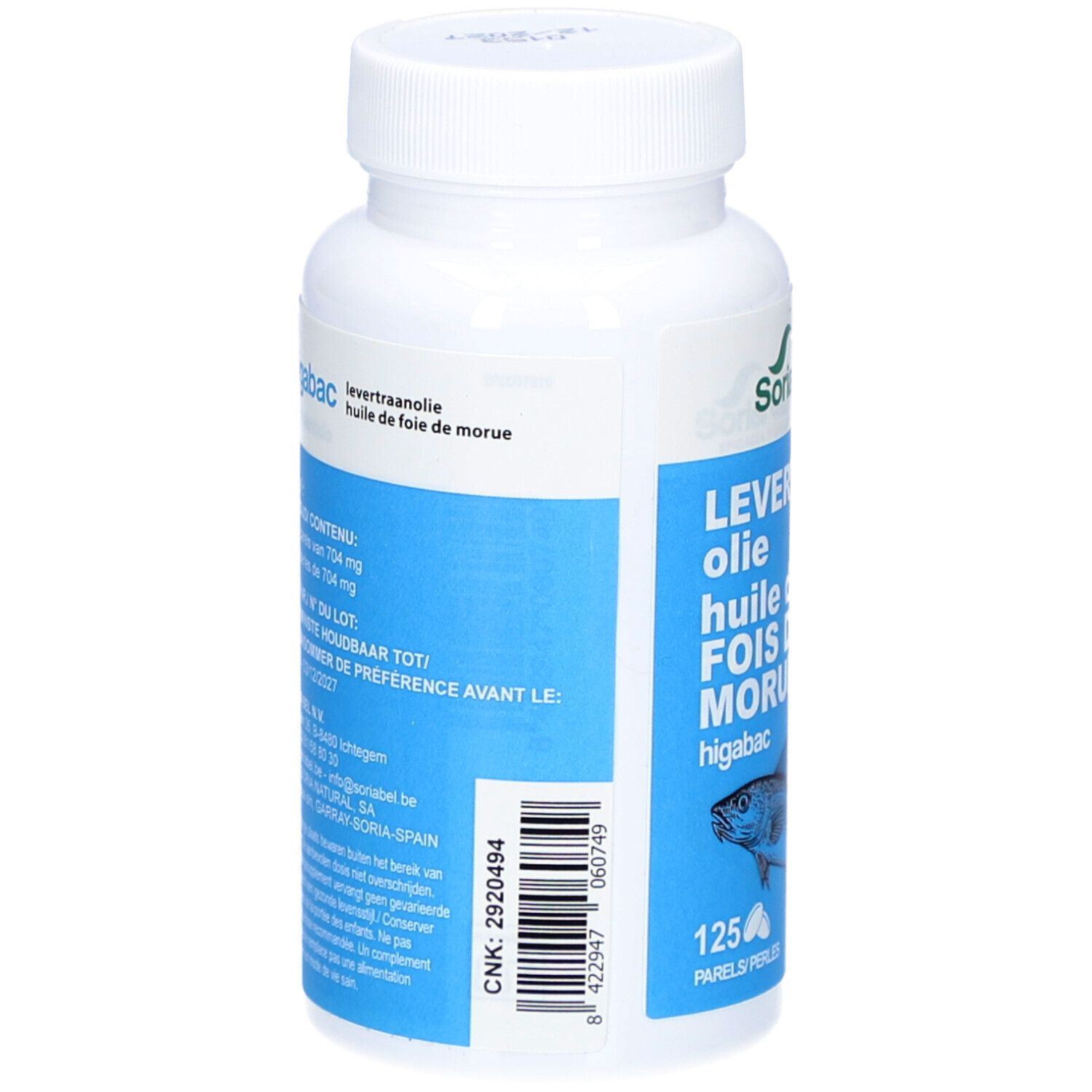 Flacon blanc avec étiquette bleue. Inscription : Levertraanolie, huile de foie de morue, higabac. Texte avec informations sur le contenu et date de péremption.