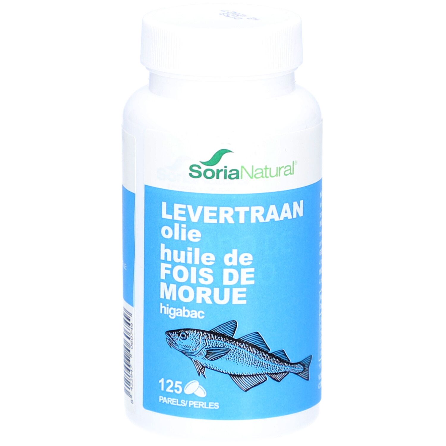 Flacon blanc avec étiquette bleue. Inscription : Soria Natural, Levertraanolie, huile de foie de morue, higabac. Illustration de poisson. 125 perles.