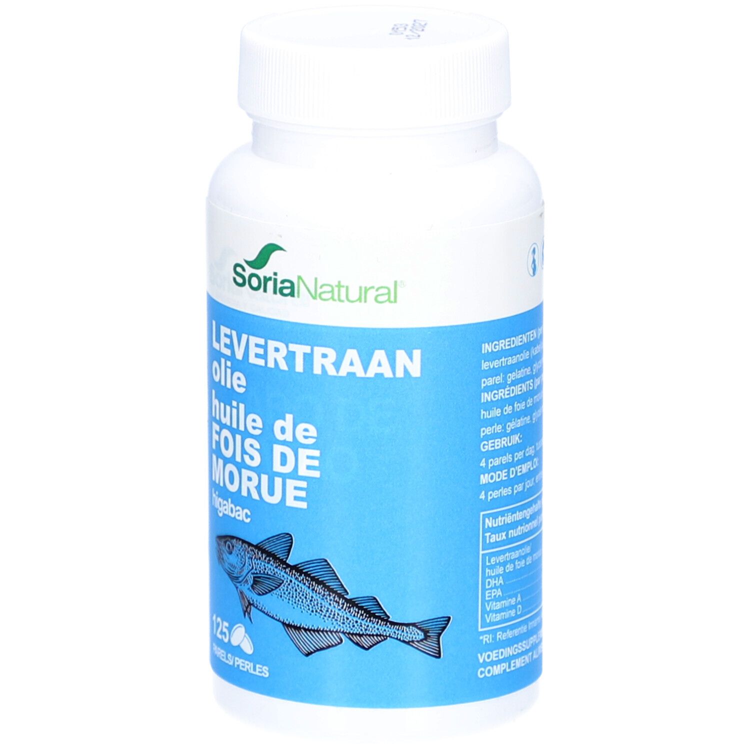Flacon blanc avec étiquette bleue. Inscription : Soria Natural, Levertraanolie, huile de foie de morue, higabac. Illustration de poisson. 125 perles.