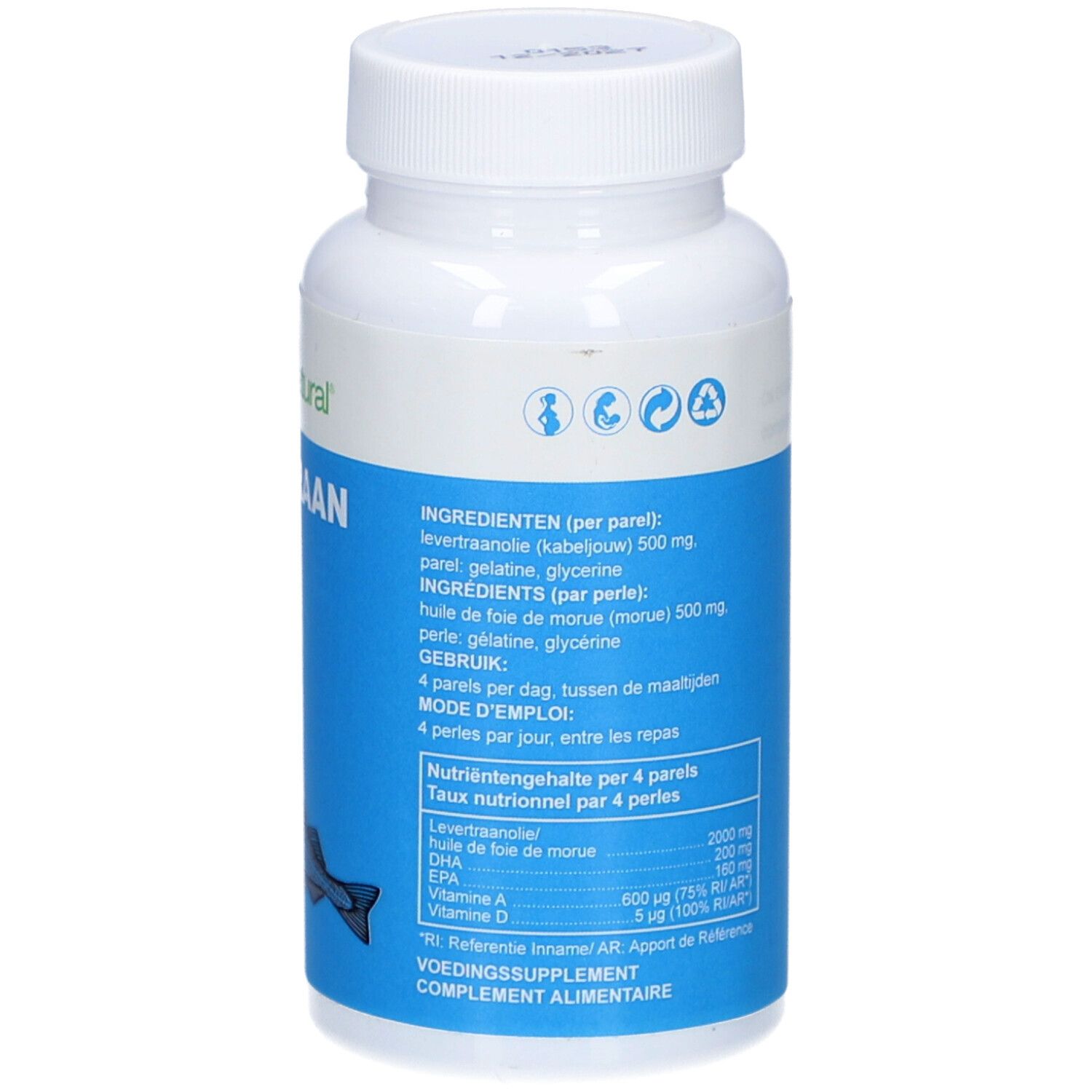 Flacon blanc avec étiquette bleue. Inscription : Levertraanolie, huile de foie de morue. Texte avec informations sur le contenu, valeurs nutritionnelles et mode d'emploi.