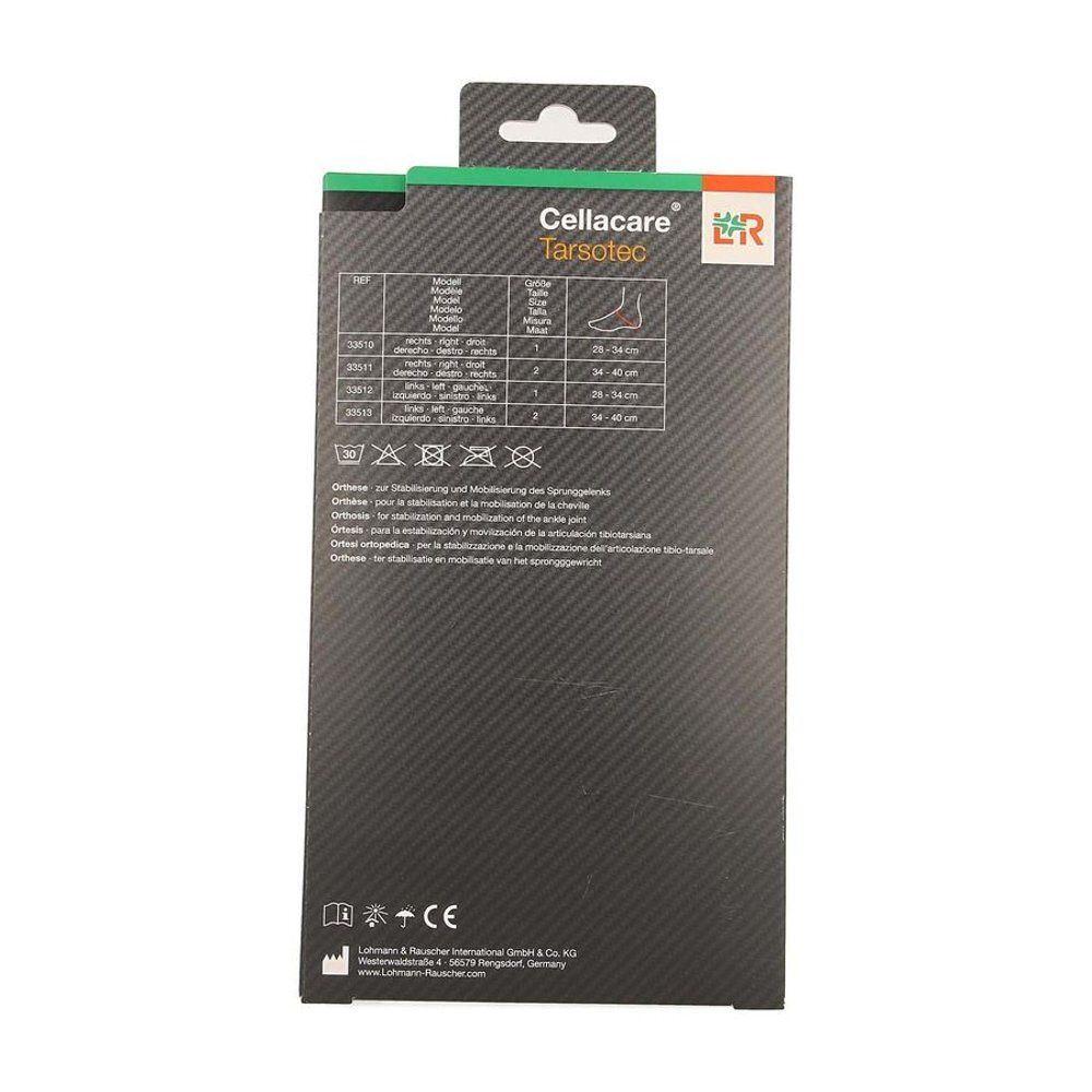 Dos de l'emballage Cellacare Tarsotec Expert. Tableau des tailles, symboles de lavage et marquage CE. Fond gris.