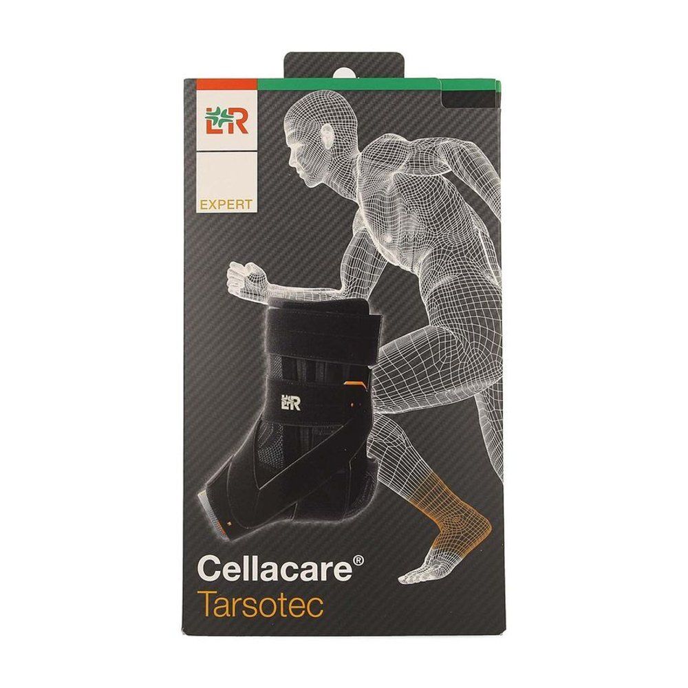 Emballage Cellacare Tarsotec Expert. Illustration d'une jambe avec attelle. Logo et nom du produit visibles.