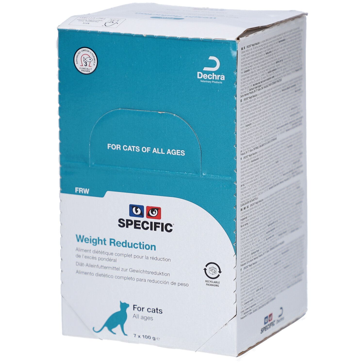Karton SPECIFIC Gewichtsreduktion für Katzen. Vorderseite mit Logo, Text und Katze. Enthält 7 Beutel à 100g.