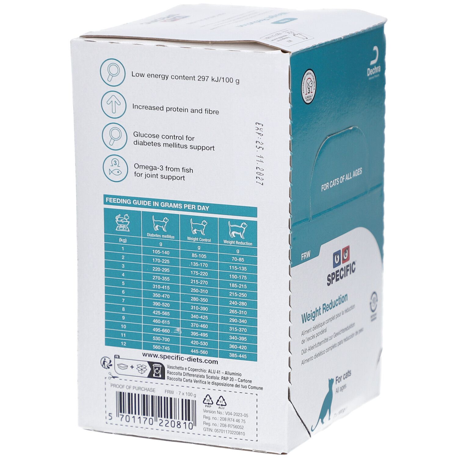Karton SPECIFIC Gewichtsreduktion für Katzen. Rückseite mit Nährwertangaben und Fütterungsempfehlung. Logo.