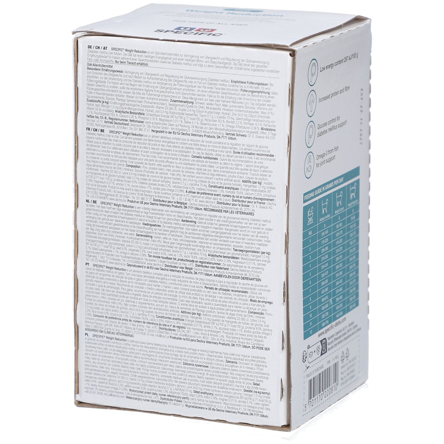 Karton SPECIFIC Gewichtsreduktion für Katzen. Rückseite mit Text in verschiedenen Sprachen. Logo und Zertifizierung.