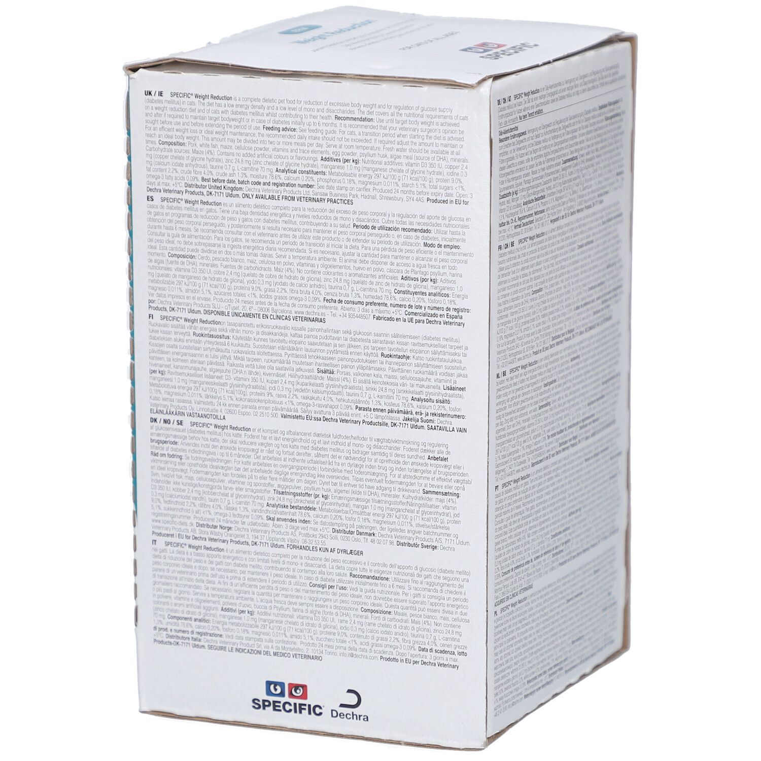 Karton SPECIFIC Gewichtsreduktion für Katzen. Rückseite mit Text in verschiedenen Sprachen. Logo und Zertifizierung.