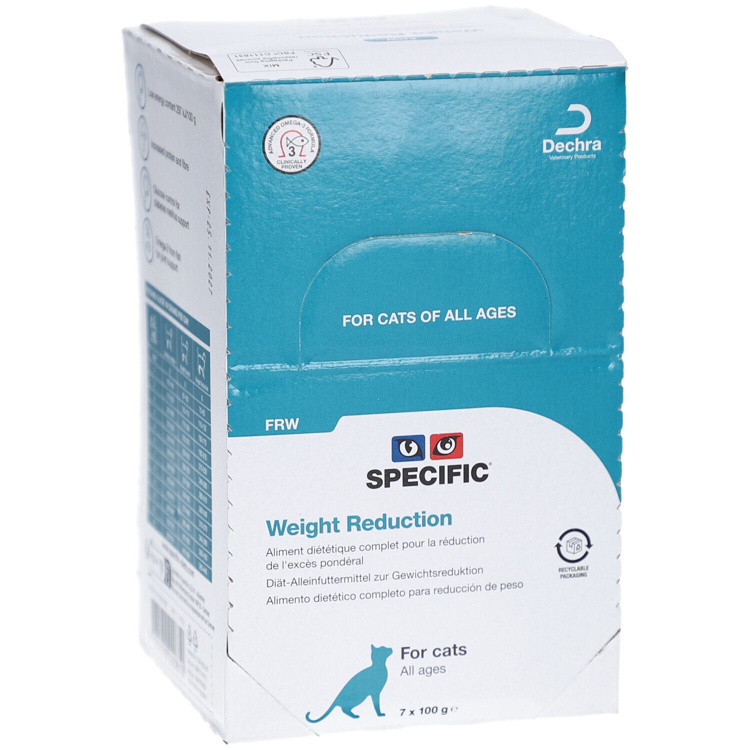 Karton SPECIFIC Gewichtsreduktion für Katzen. Vorderseite mit Logo, Text und Katze. Enthält 7 Beutel à 100g.