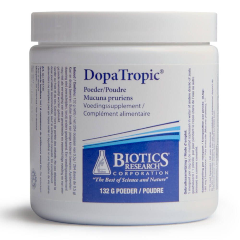 Récipient blanc avec étiquette bleue. Inscription: DopaTropic, Biotics Research Corporation. Contient de la poudre. Couvercle en haut.
