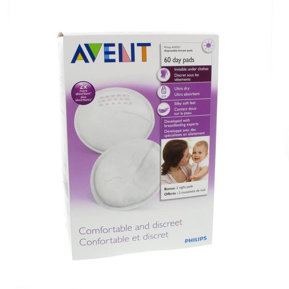 AVENT-Stilleinlagen-Packung. Weiß-lila Verpackung mit Produktabbildung. Text: 60 Tages-Pads, ultra-trocken, diskret, komfortabel.