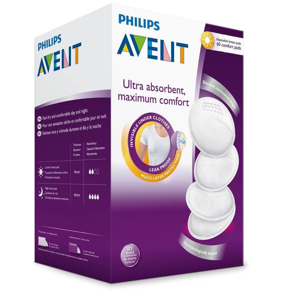 AVENT-Stilleinlagen-Packung. Weiß-lila Verpackung mit Produktabbildung. Text: Ultra-saugfähig, maximaler Komfort, 40 Pads.