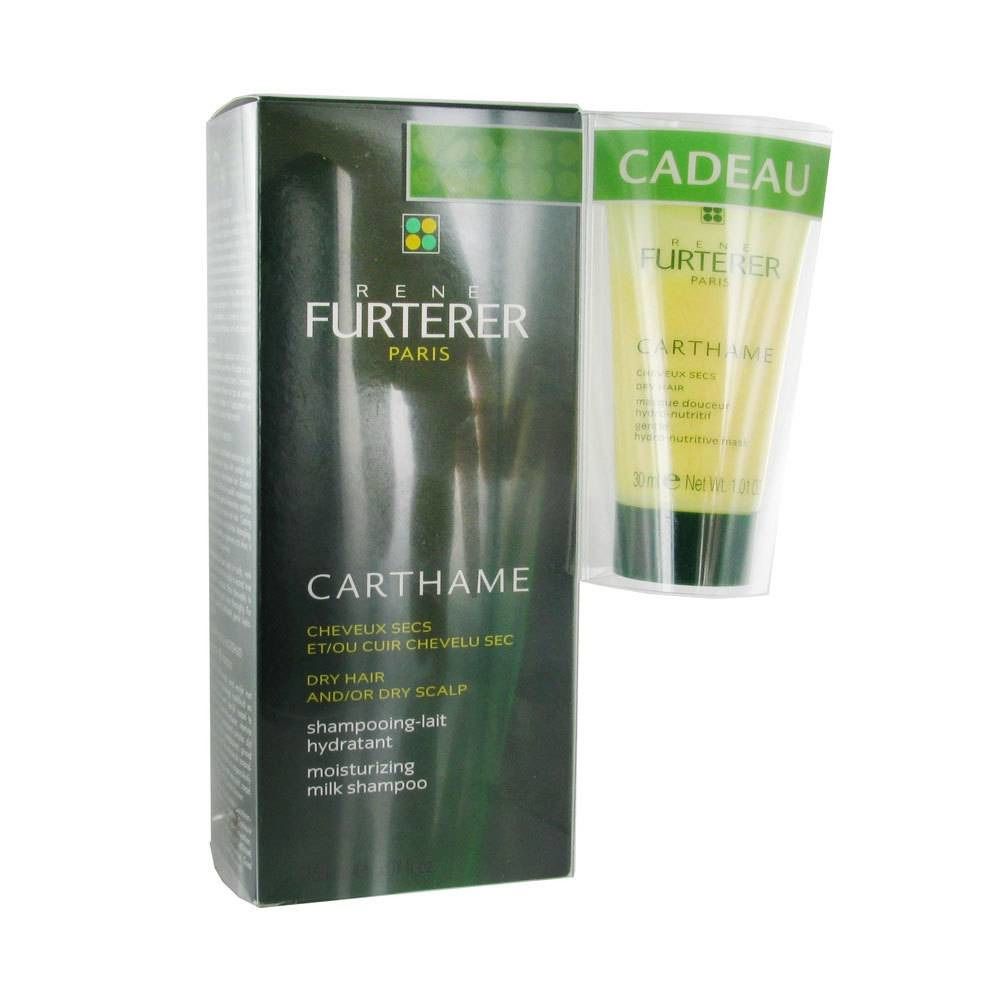 Karton und Tube mit Shampoo. Aufschrift: Carthame, Rene Furterer. Für trockenes Haar und Kopfhaut. Geschenkverpackung.