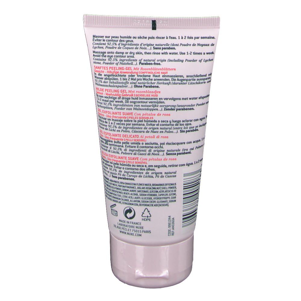 Dos du tube. Texte en plusieurs langues. Gelée exfoliante douce. Gel exfoliant doux aux pétales de rose. Pour peaux sensibles.
